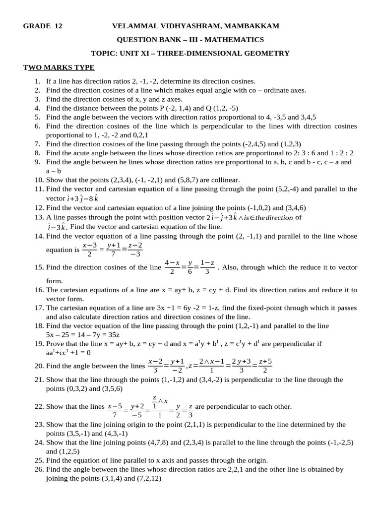 Question Bank On 3d Geometry Pdf