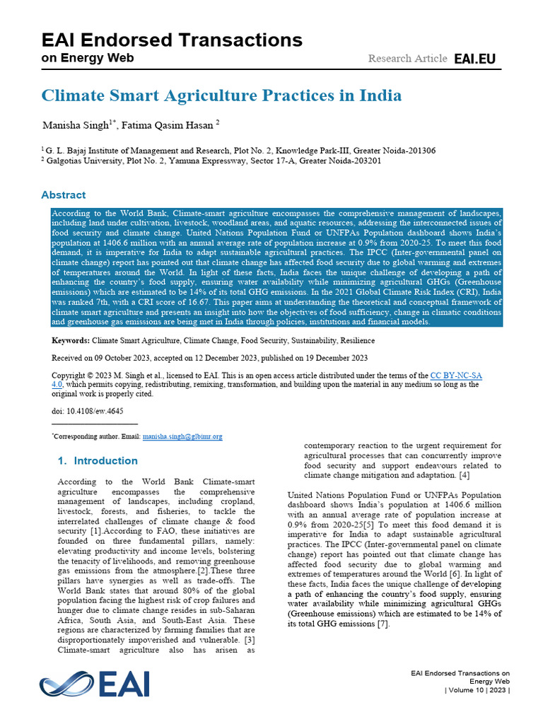 Climate Smart Agriculture Practices in India | PDF