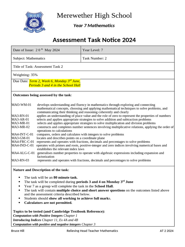 Year 7 Mathematics 2024 AT2 Assessment Notification | PDF