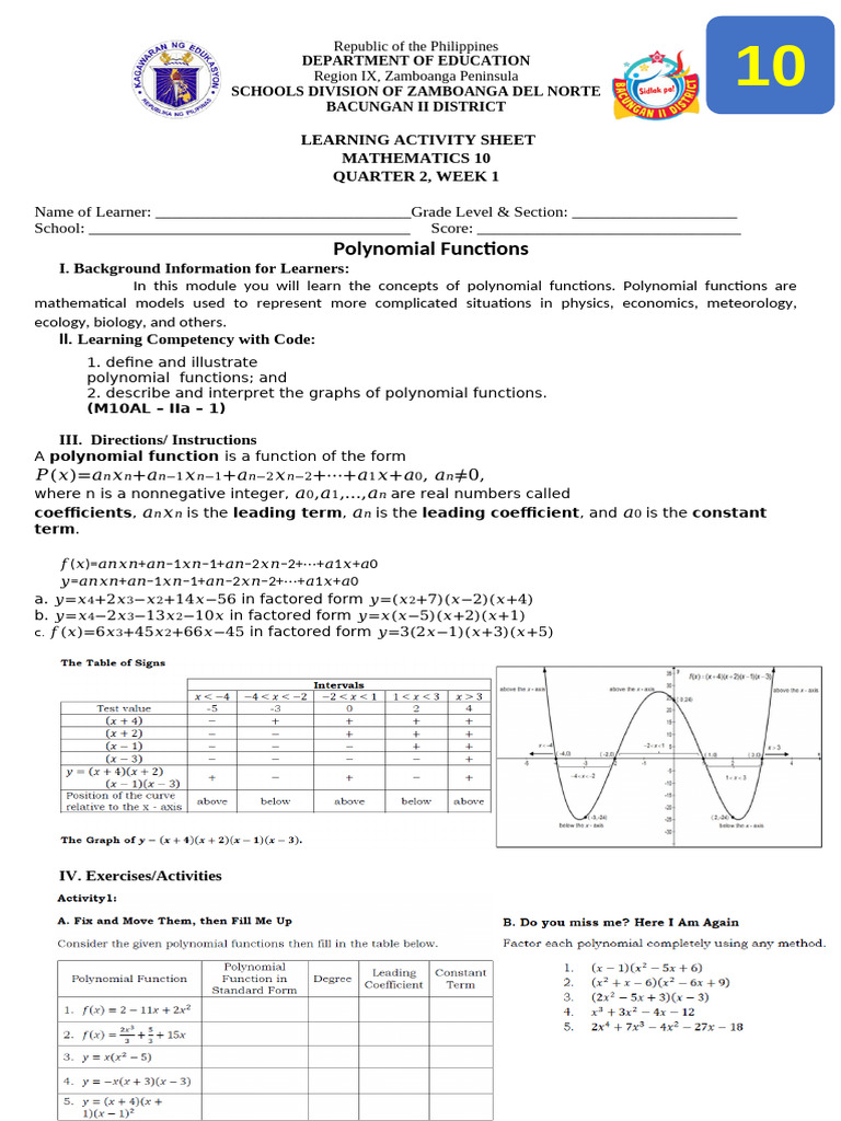 Polynomial Functions Learning Sheet | PDF | Polynomial | Teaching ...