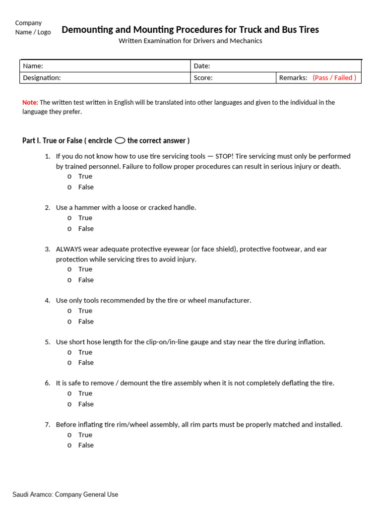 Written Examination-Demounting and Mounting of Tires | PDF