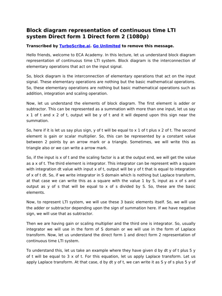 Block Diagram Representation of Continuous Time LTI System Direct Form