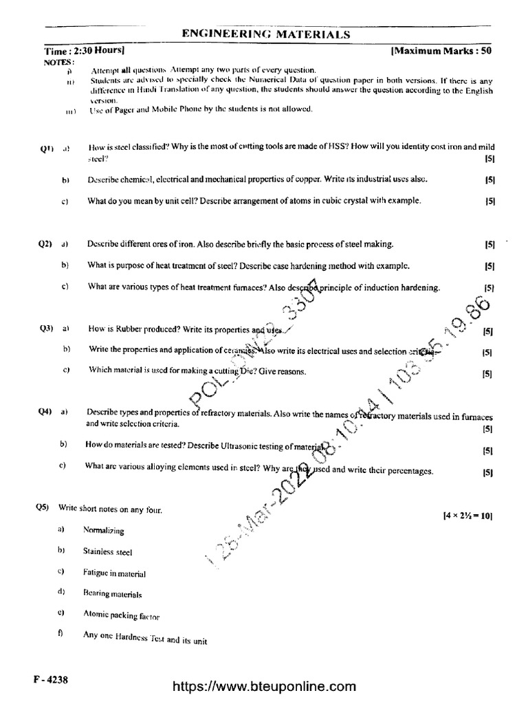 Me 3 Sem Engineering Materials 2117 Mar 2022 | PDF