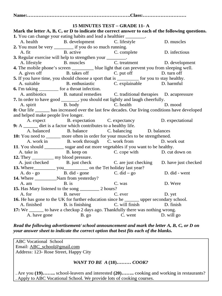 15' TEST 1 - Grade 11 | PDF