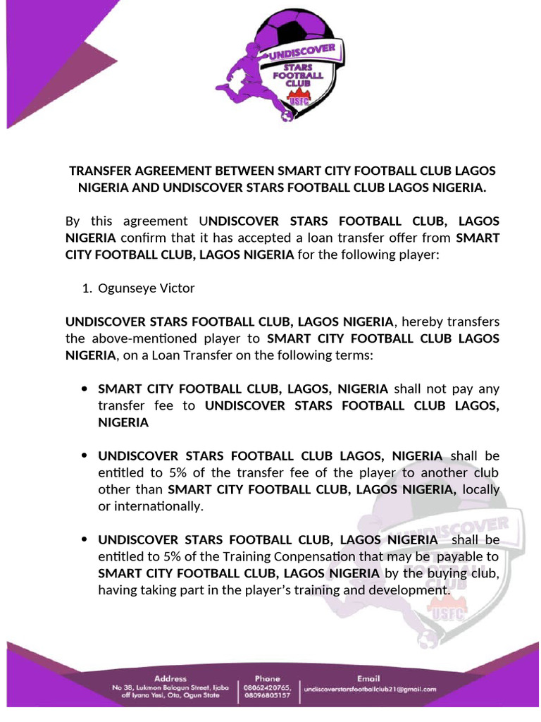 Transfer Agreement Between Smart City Football Club Lagos | PDF