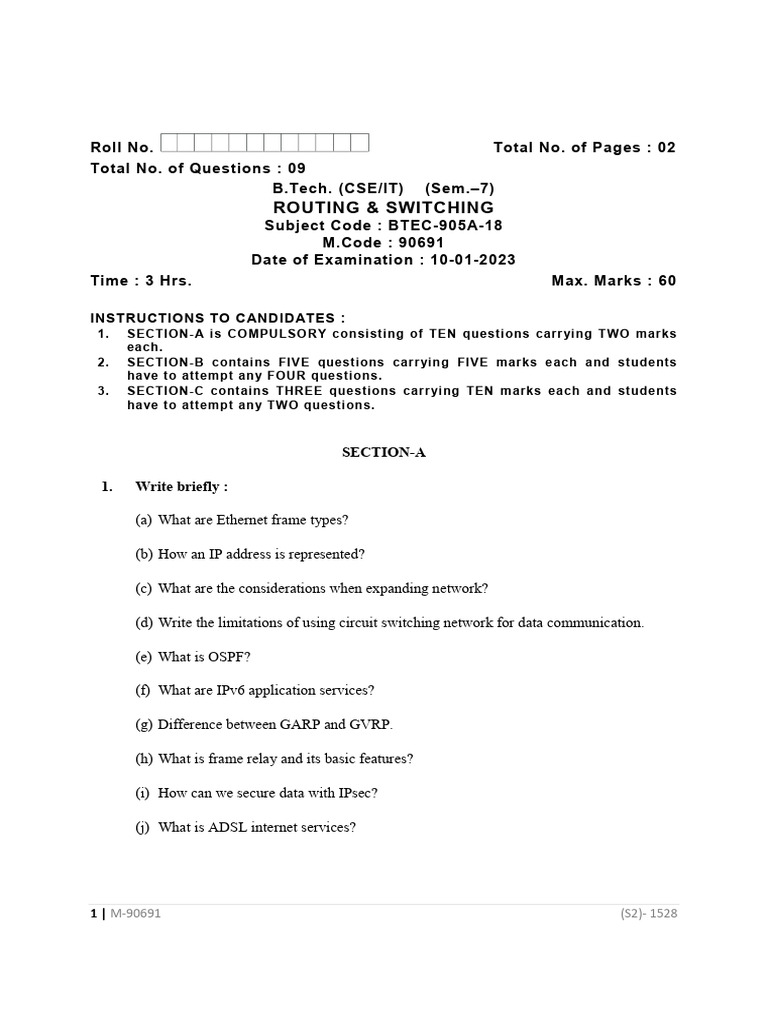 Btech Cse It 7 Sem Routing and Switching 90691 Jan 2023 | PDF ...