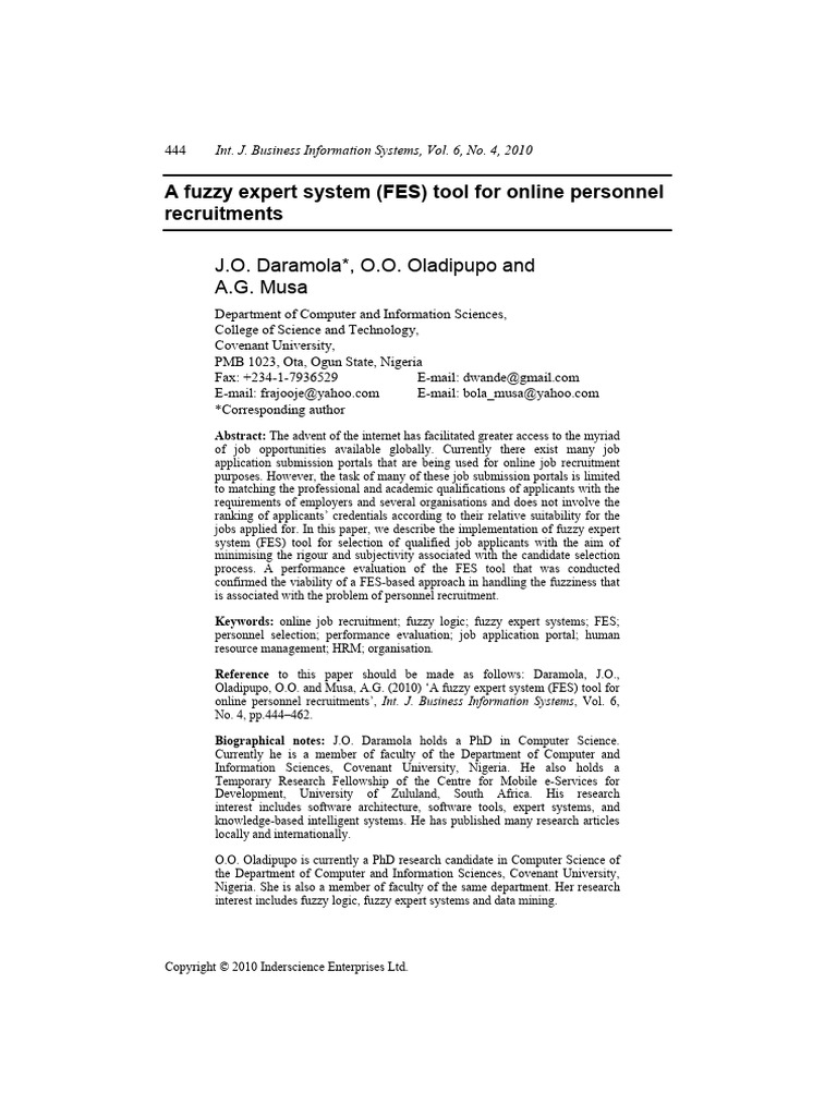 A Fuzzy Expert System (FES) Tool For Online Personnel | PDF
