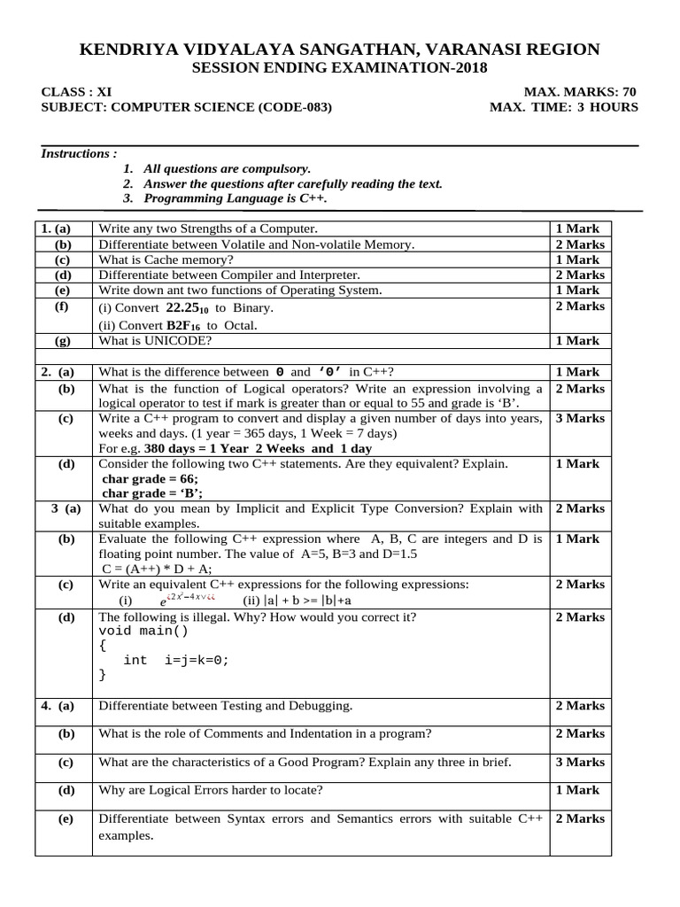 Class Xi Cs Annual Exam 17 18 | PDF | C++ | Teaching Methods & Materials