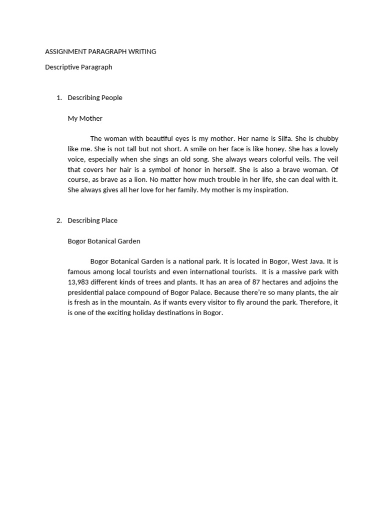 ASSIGNMENT PARAGRAPH WRITING - Descriptive Text | PDF