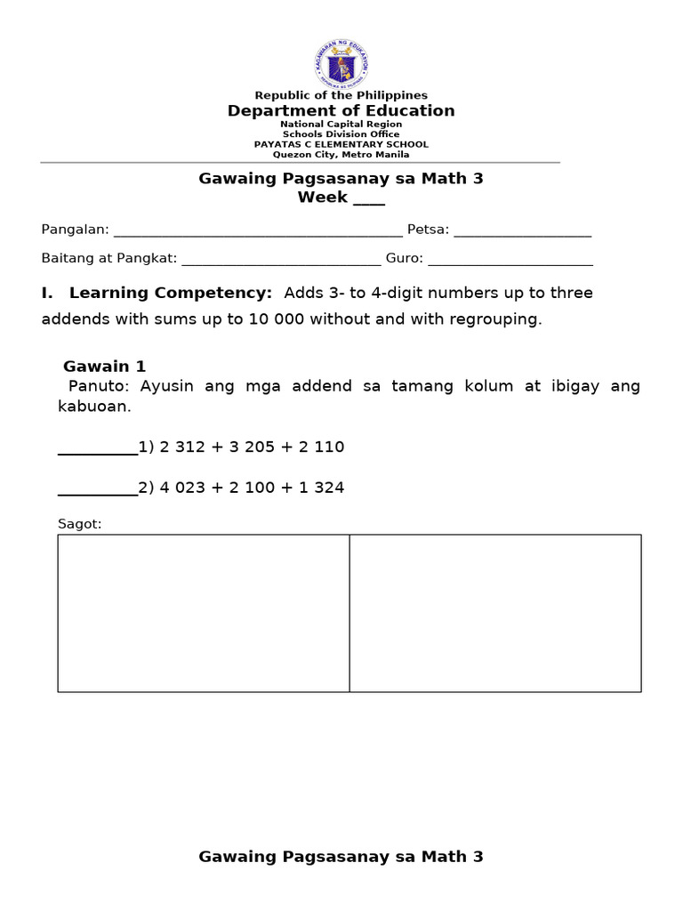 Math 3 Addition Practice Worksheet | PDF | Metro Manila | Philippines