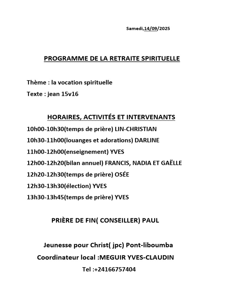Programme de La Retraite Spirituelle: Samedi, 14/09/2025 | PDF