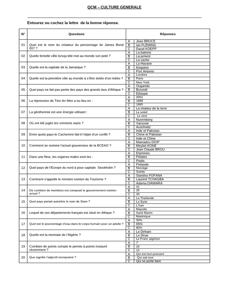 QCM Culture Generale 9223 | PDF