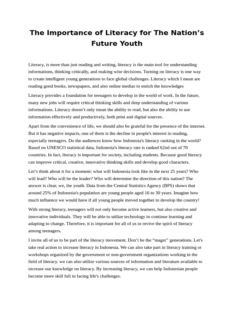 The Importance Of Literacy For The Nation S Future Youth Docx Pdf