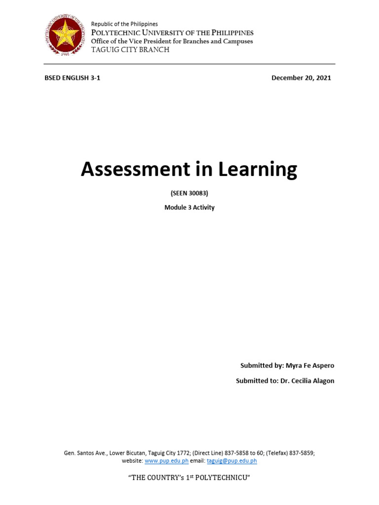 Assessment in Learning Module 3 Activity | PDF