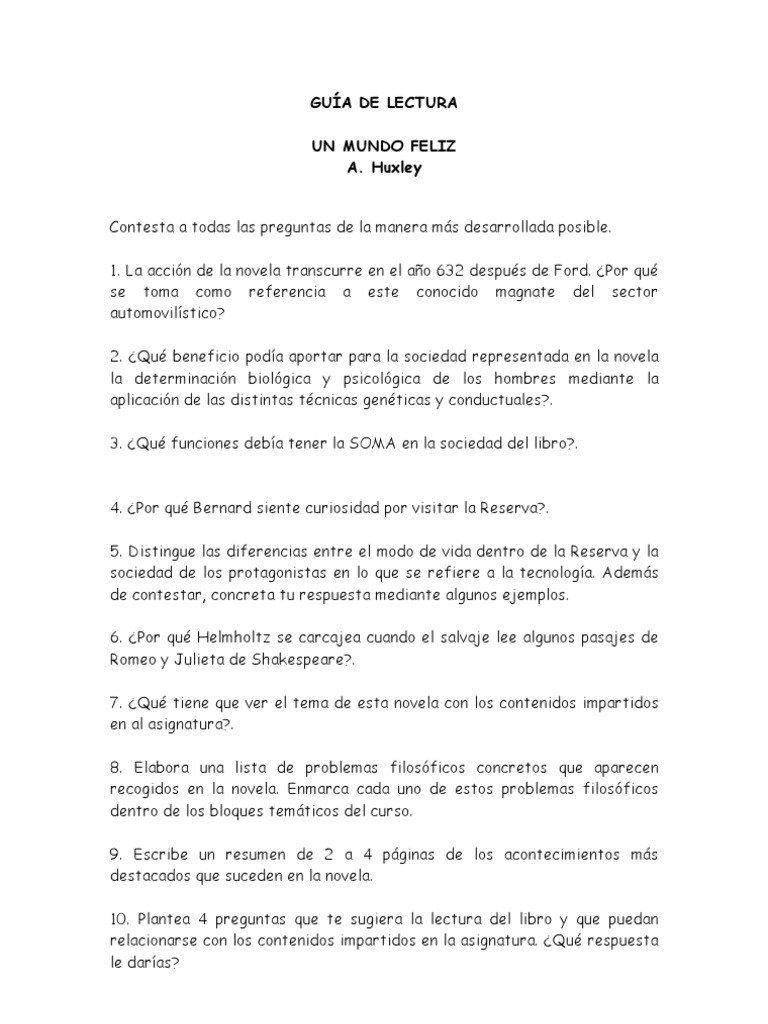 Guía de lectura: Un mundo feliz | PDF