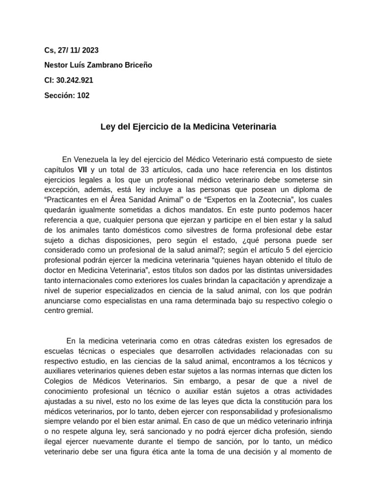 Ley Del Medico Veterinario | PDF | Medicina Veterinaria | Salud y bienestar