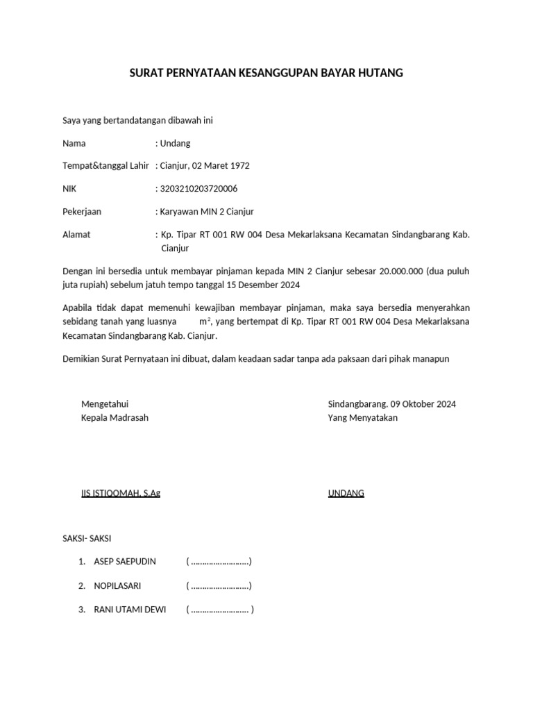 Surat Pernyataan Kesanggupan Bayar Hutang PDF