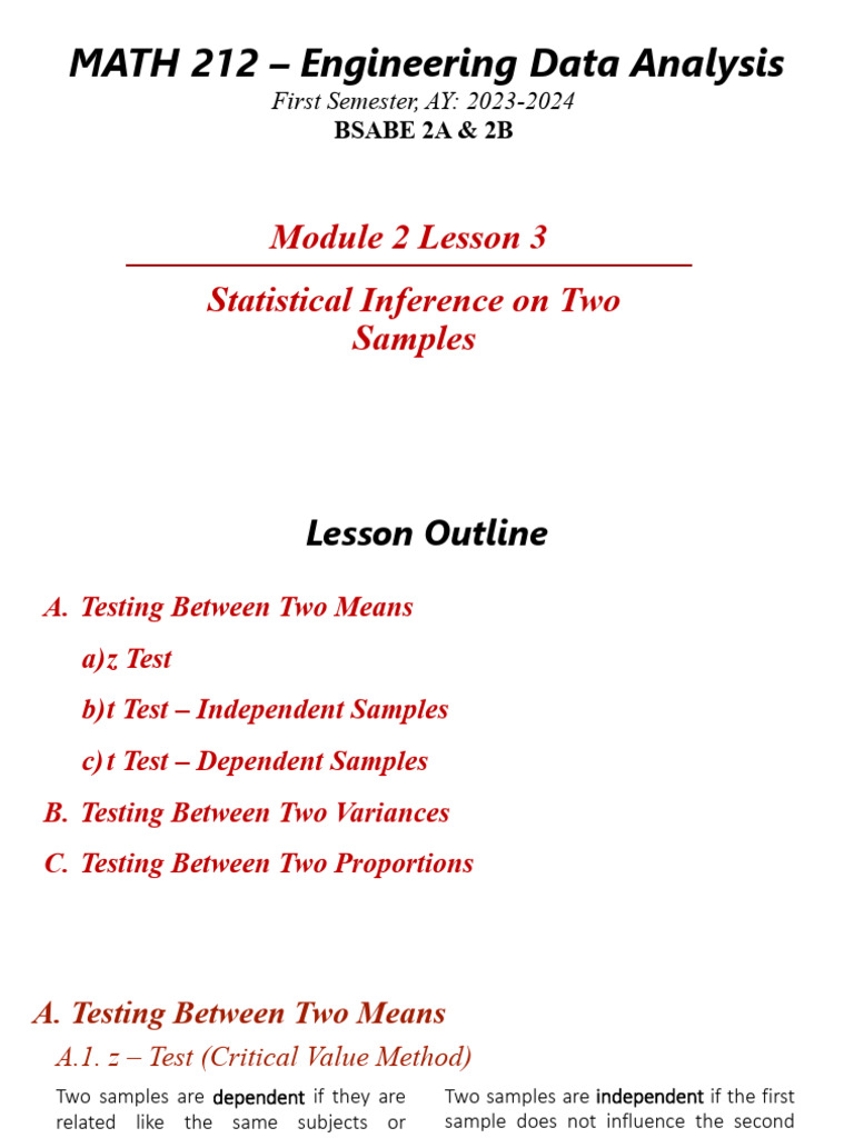 m2l3 - Math 212 - Statistical Inference On Two Samples | PDF