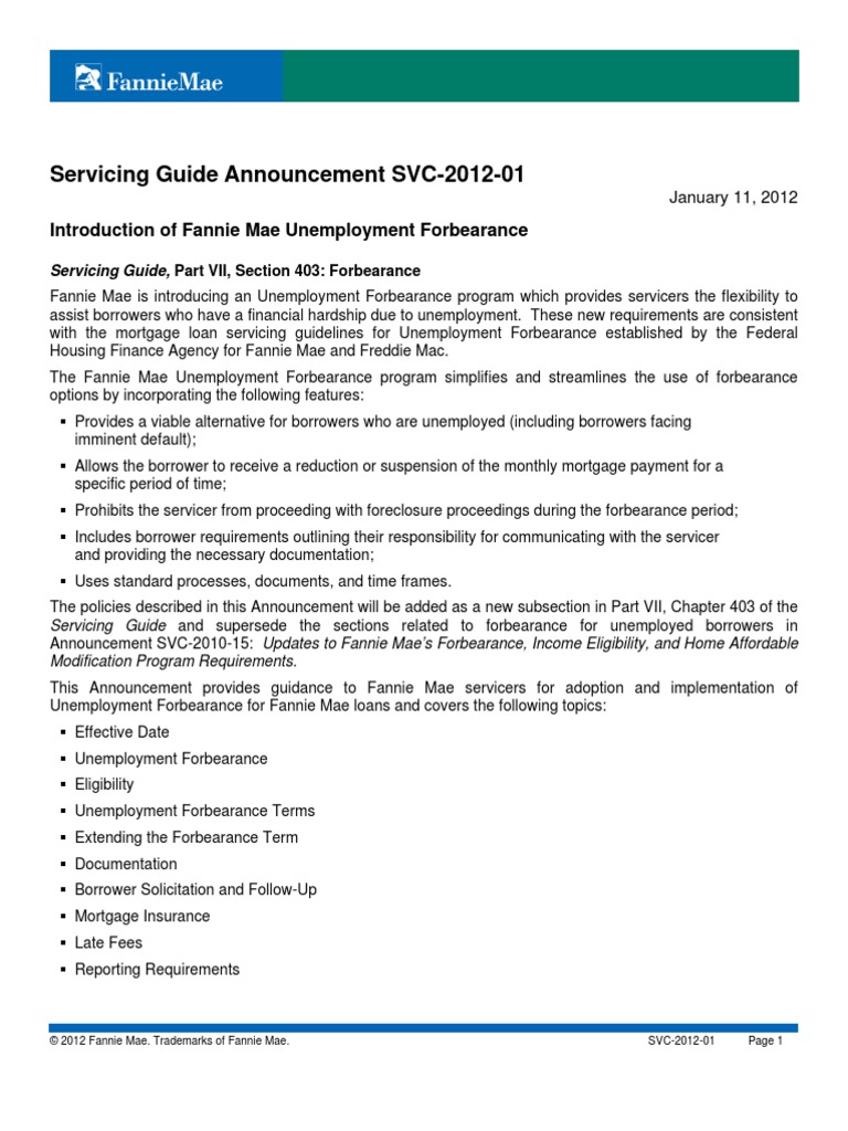 Servicing Guide Announcement SVC-2012-01: Introduction of Fannie Mae ...