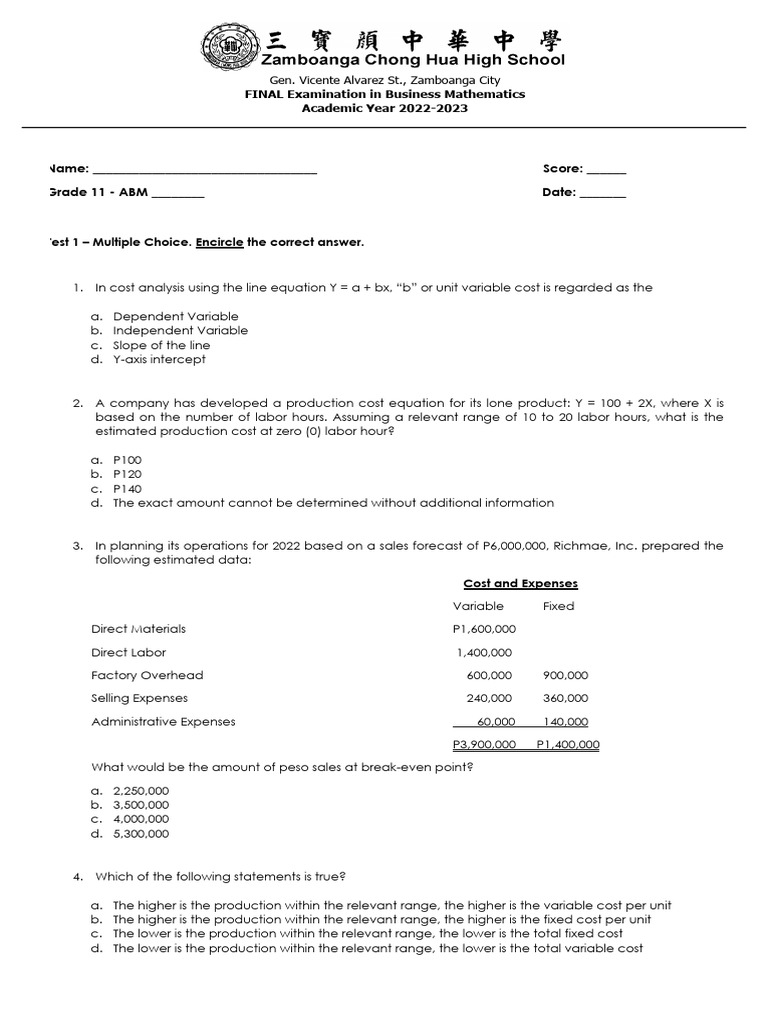 BusMath FINAL Examination - 2023 | PDF