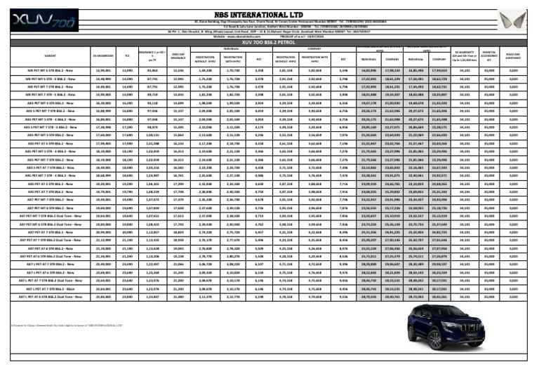 XUV 7OO Petrol Personal Pricelist Jul'24 BS6.2 - 10.7.24 | PDF