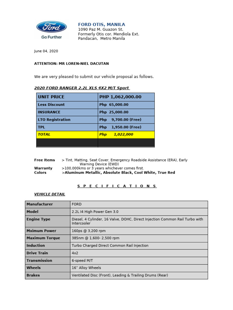 2020 FORD RANGER XLS 2.2 4x2 MT Sport | PDF