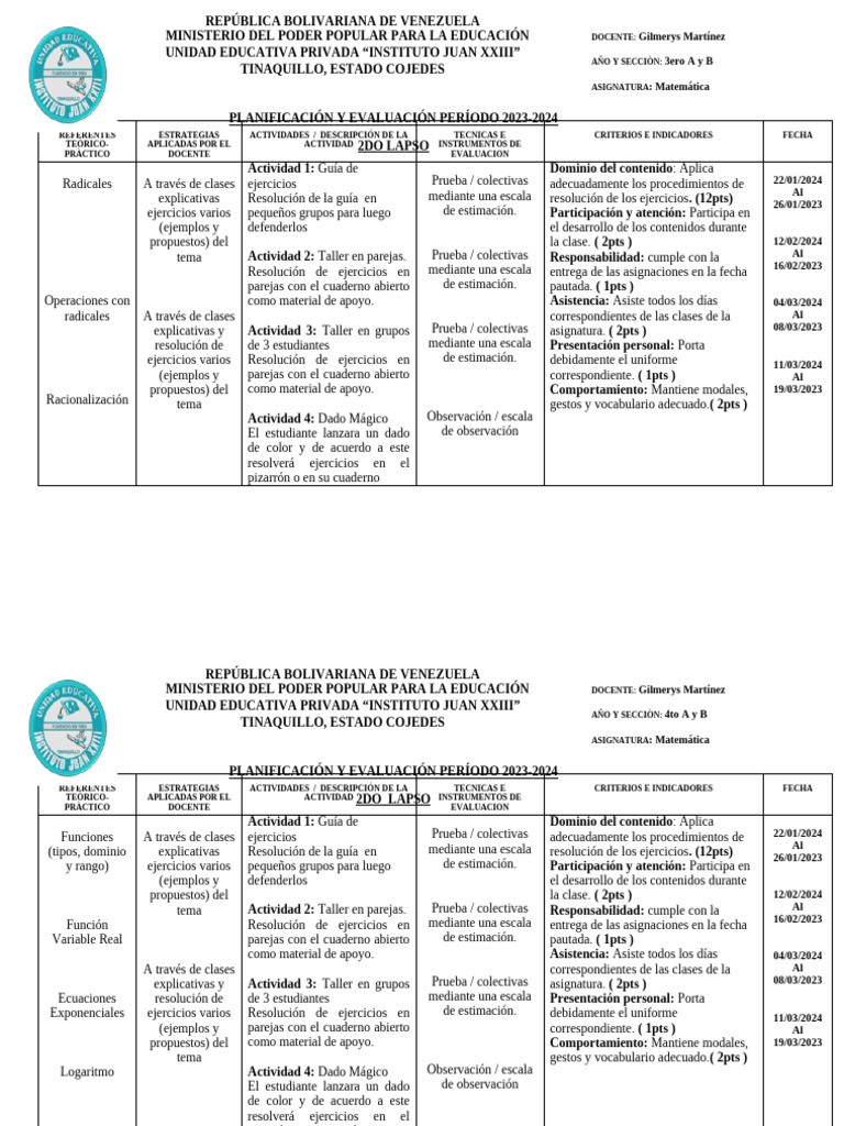 Planificacion 2do Lapso 2023-2024 Matematica Juan | PDF