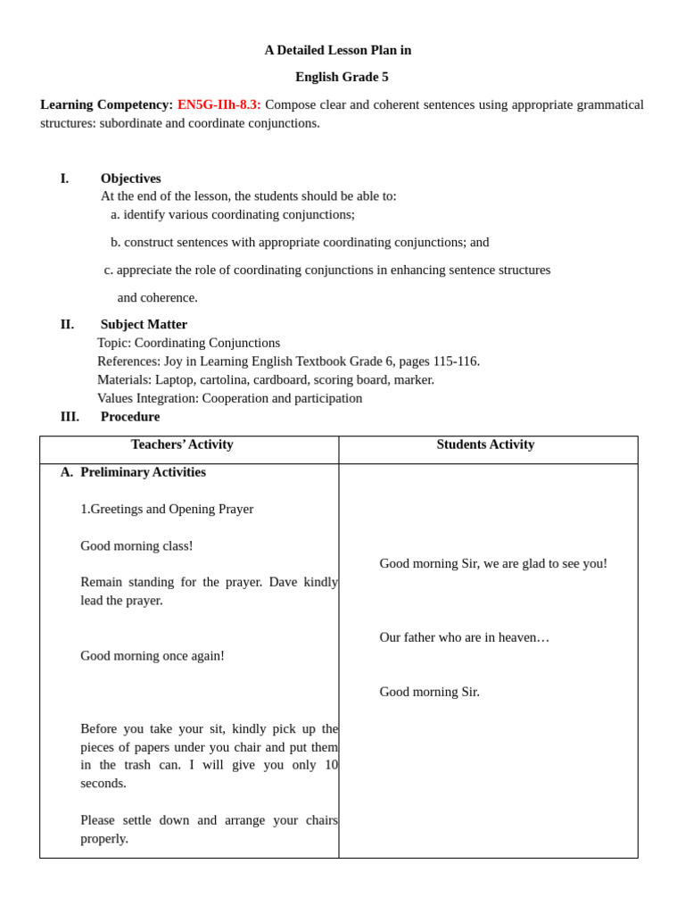 Grade 5 Lesson Plan: Coordinating Conjunctions | PDF