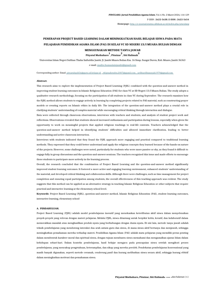 Muthaharo dkk, PENERAPAN PROJECT BASED LEARNING DALAM MENINGKATKAN ...