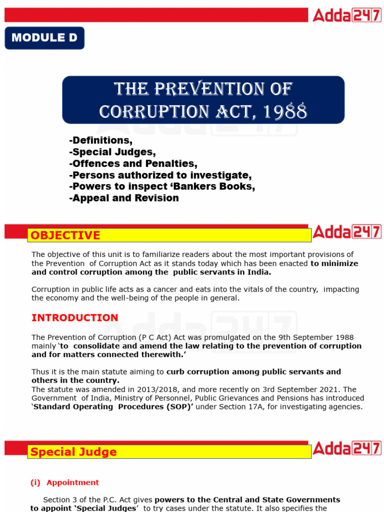 The Prevention of Corruption Act, 1988: Module D | PDF