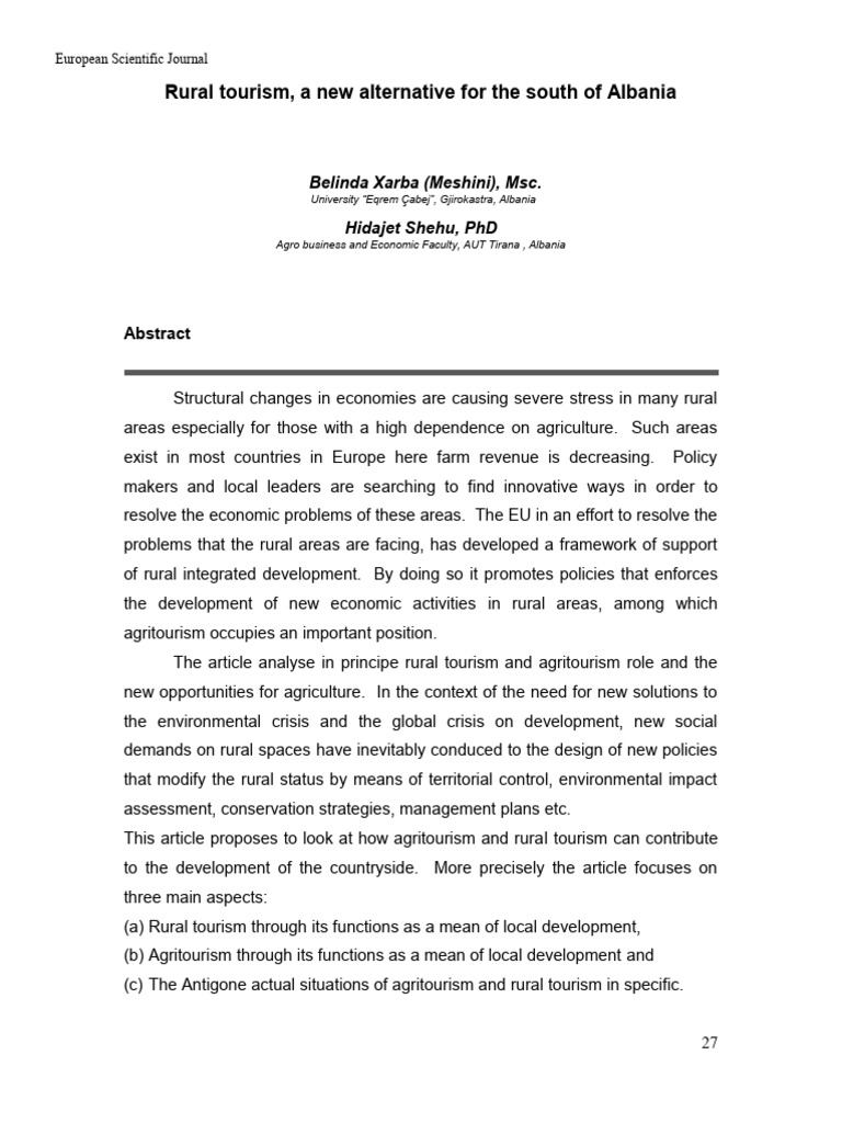Rural Tourism, A New Alternative For The South of Albania | PDF ...