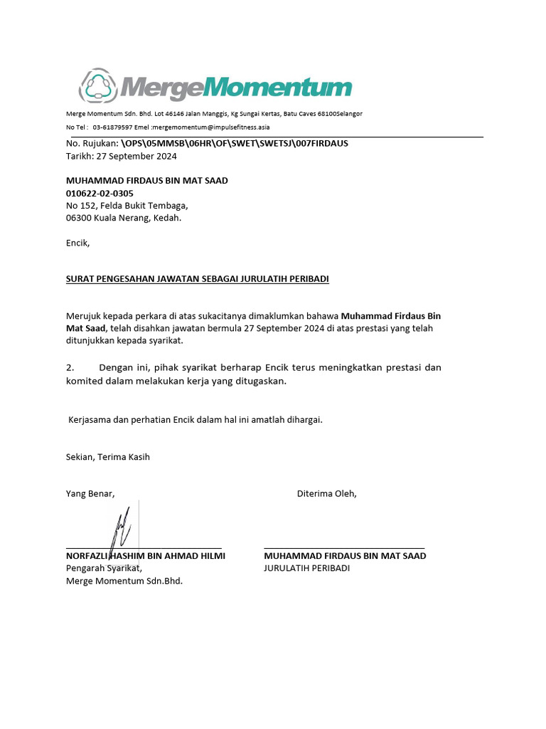 007 Surat Confirmation - Firdaus | PDF
