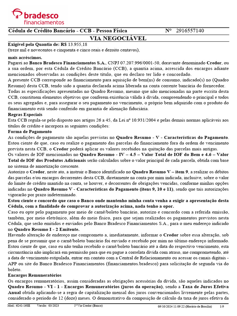 Via Negociável: Cédula de Crédito Bancário - CCB - Pessoa Física N° | PDF