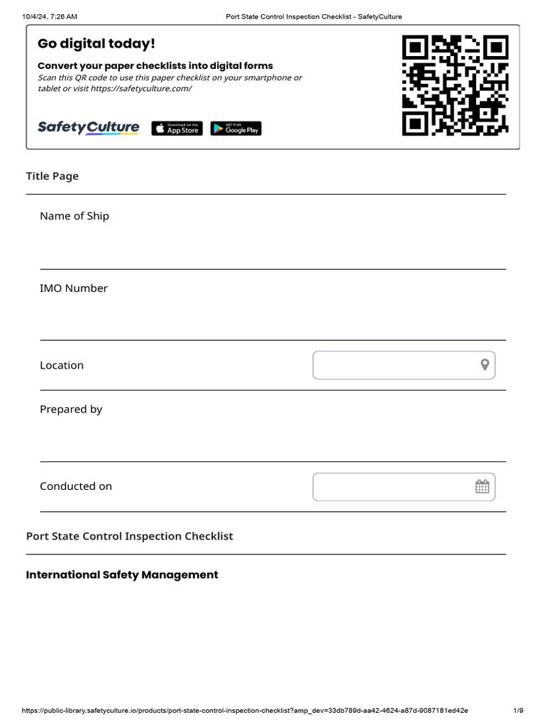 Port State Control Inspection Checklist - SafetyCulture | PDF