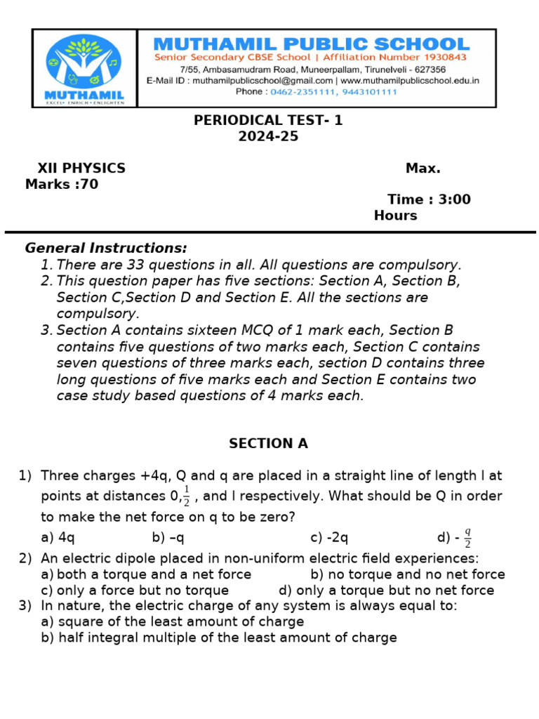 XII Physics Periodical Test - 1 QP | PDF