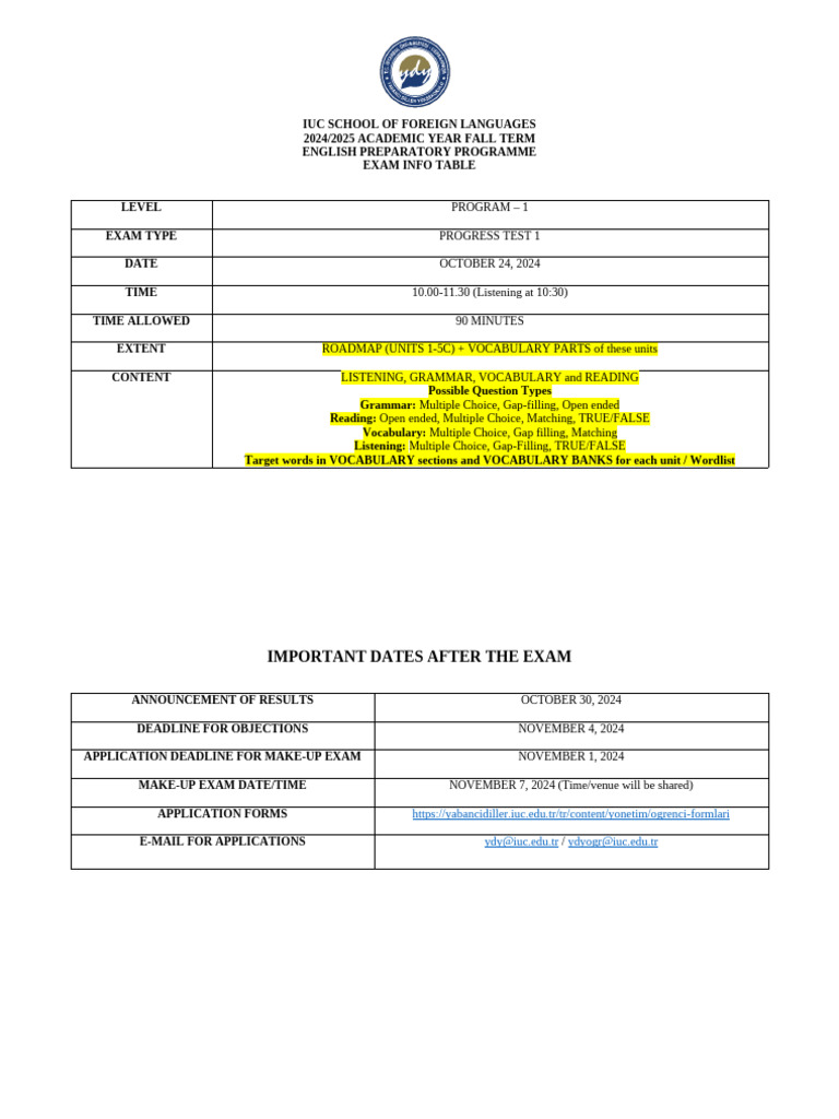 2024-25 Fall P1 Level PT 1 Info Table | PDF