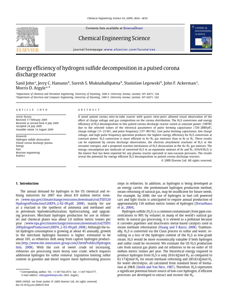Energy Efficiency of Hydrogen Sulfide Decomposition in A Pulsed Corona ...