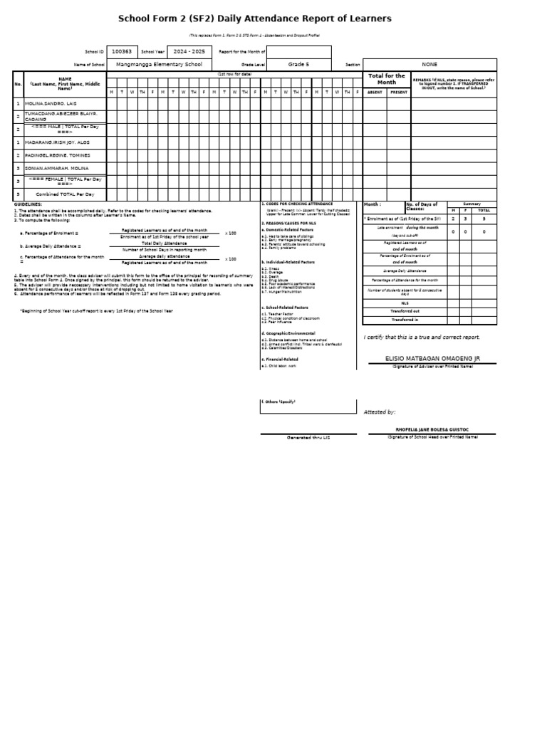 SF2 - 2024 - Grade 5 - NONE | PDF | Human Development