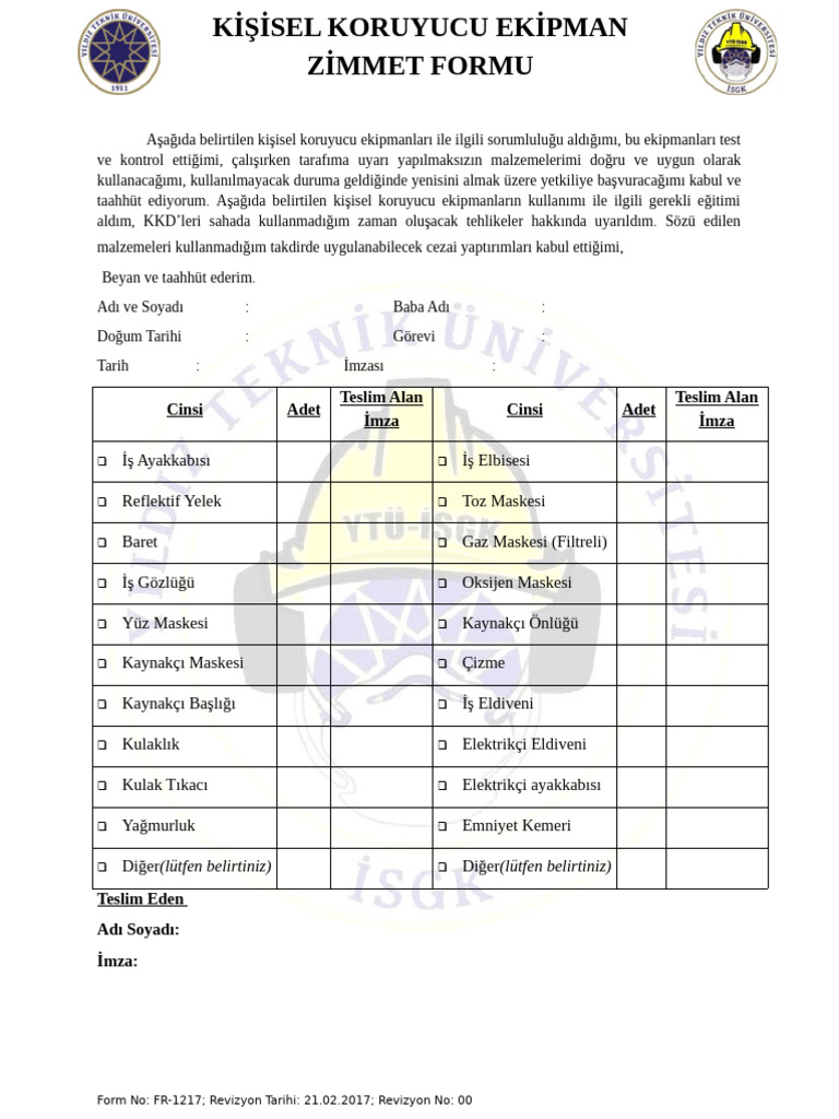 FR-1217-İSG Kişisel Koruyucu Donanım (KKD) Zimmet Formu | PDF