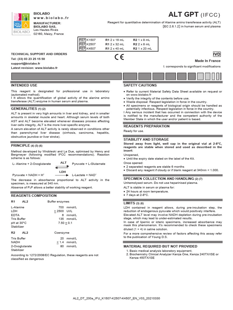 ALT Activity Reagent for Serum Testing | PDF | Alanine Transaminase ...