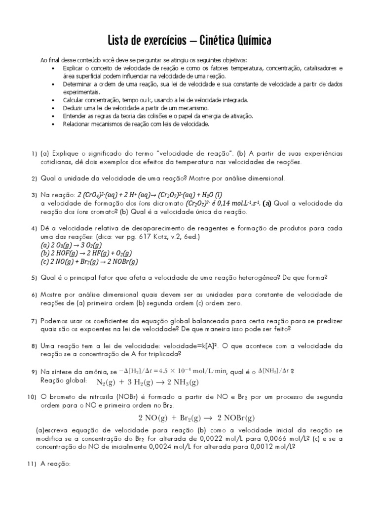 Exercícios de Cinética Química | PDF | Cinética Química | Reações químicas