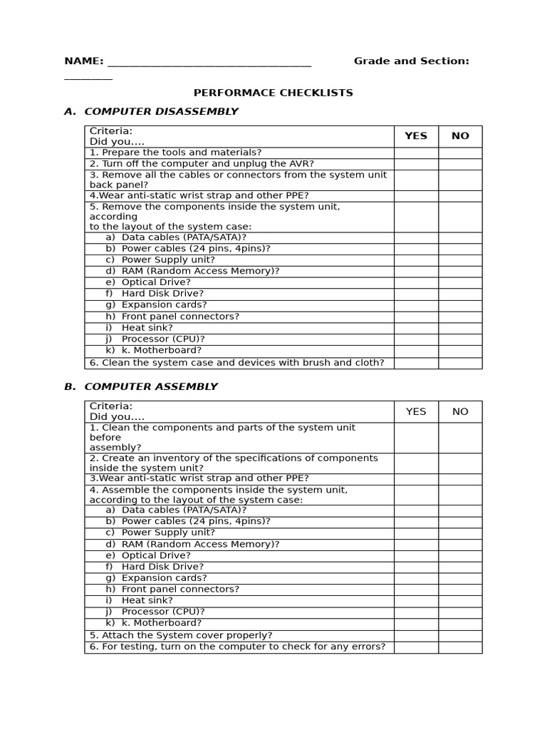 Computer Disassembly and Assembly Checklist | PDF