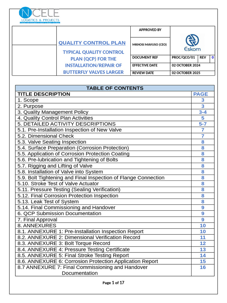 QCP - Typical QCP For Butterfly Valves | PDF