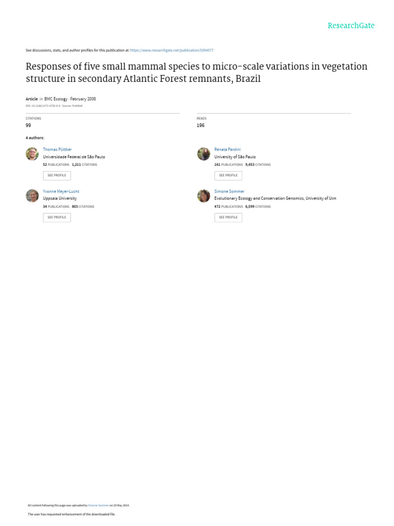 (2008) Responses of Five Small Mammal Species To Micro-Scale Variations ...