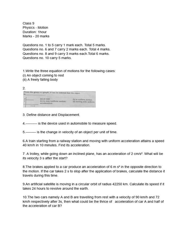 Class 9 Physics Motion Sample Paper | PDF