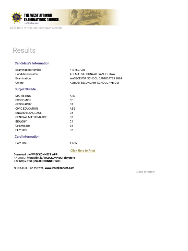 Waecdirect Online - Results | PDF