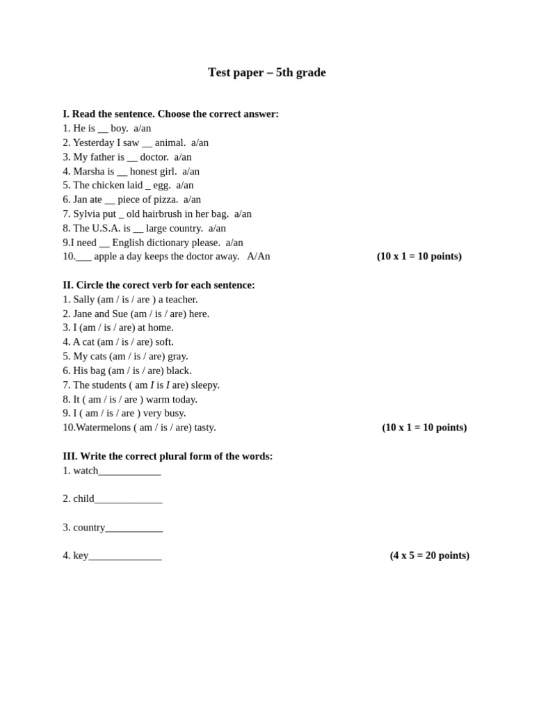 0 Test Paper 5th Grade Pdf