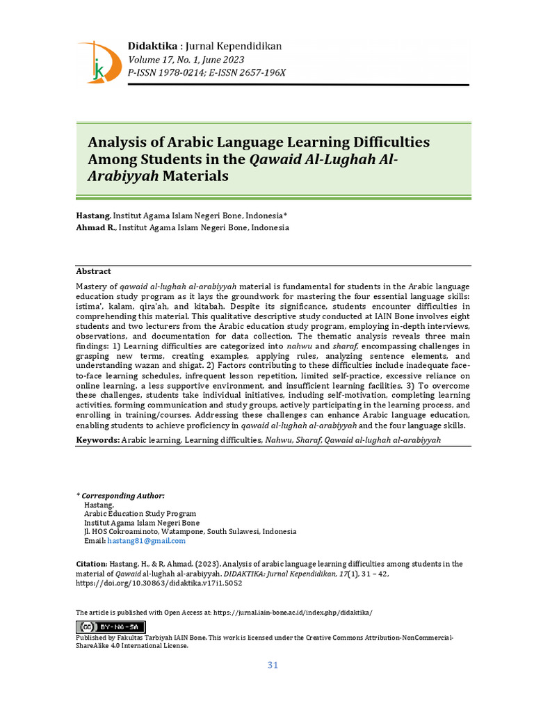 Analysis of Arabic Language Learning Difficulties Among 5e3eqvt9av | PDF