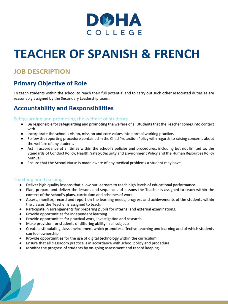 2023 11 Teacher of Spanish & French - Job Description | PDF