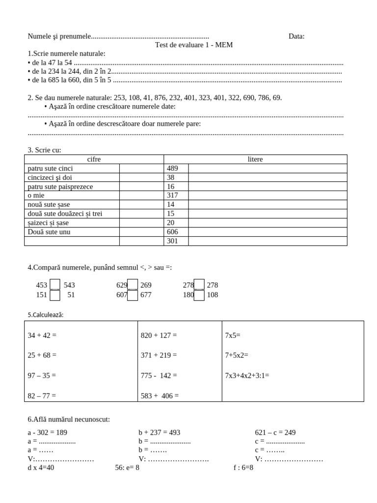 Test de Evaluare Initiala Clasa A3 | PDF